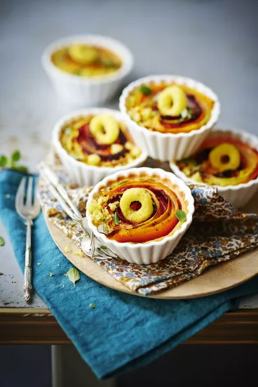 Mini flans aux carottes bariolées et topping croustillant avec Belin®